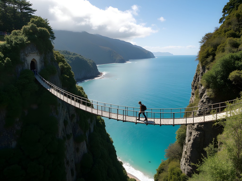 Person crossing swing bridge on Escarpment Track with panoramic coastal views