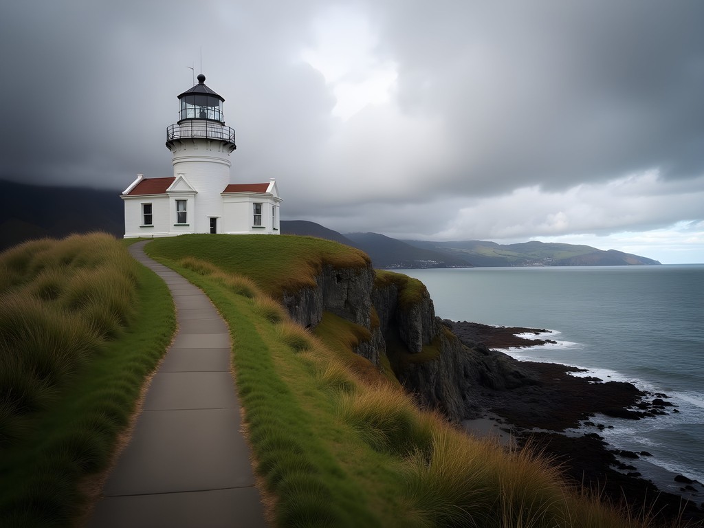 Historic Pencarrow Lighthouse perched on coastal headland with dramatic Wellington harbor views