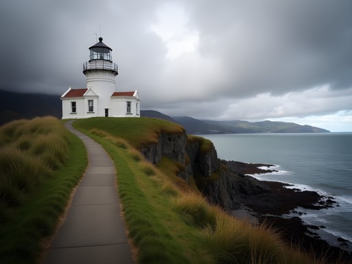 Historic Pencarrow Lighthouse perched on coastal headland with dramatic Wellington harbor views