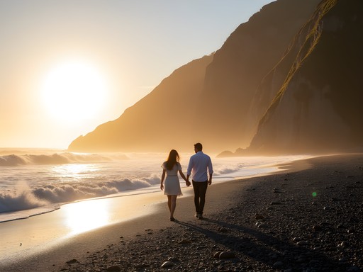 Couple walking along secluded Pukerua Bay beach with dramatic escarpment cliffs in background