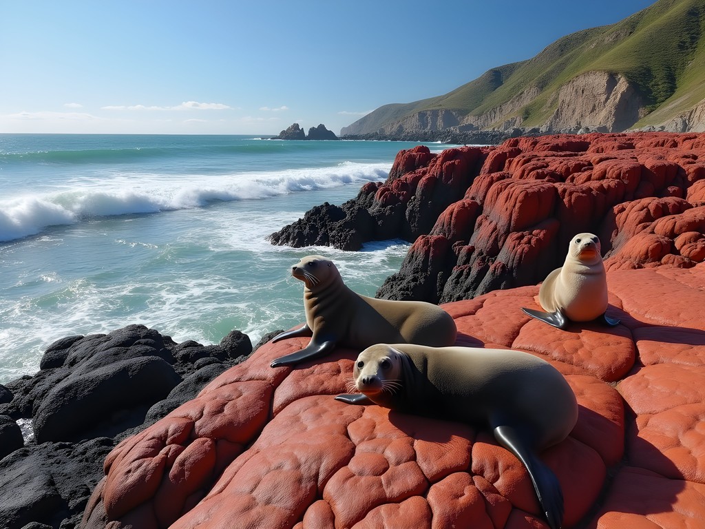 New Zealand fur seals resting on distinctive red rocks along Wellington's south coast