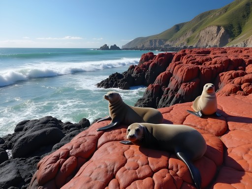 New Zealand fur seals resting on distinctive red rocks along Wellington's south coast