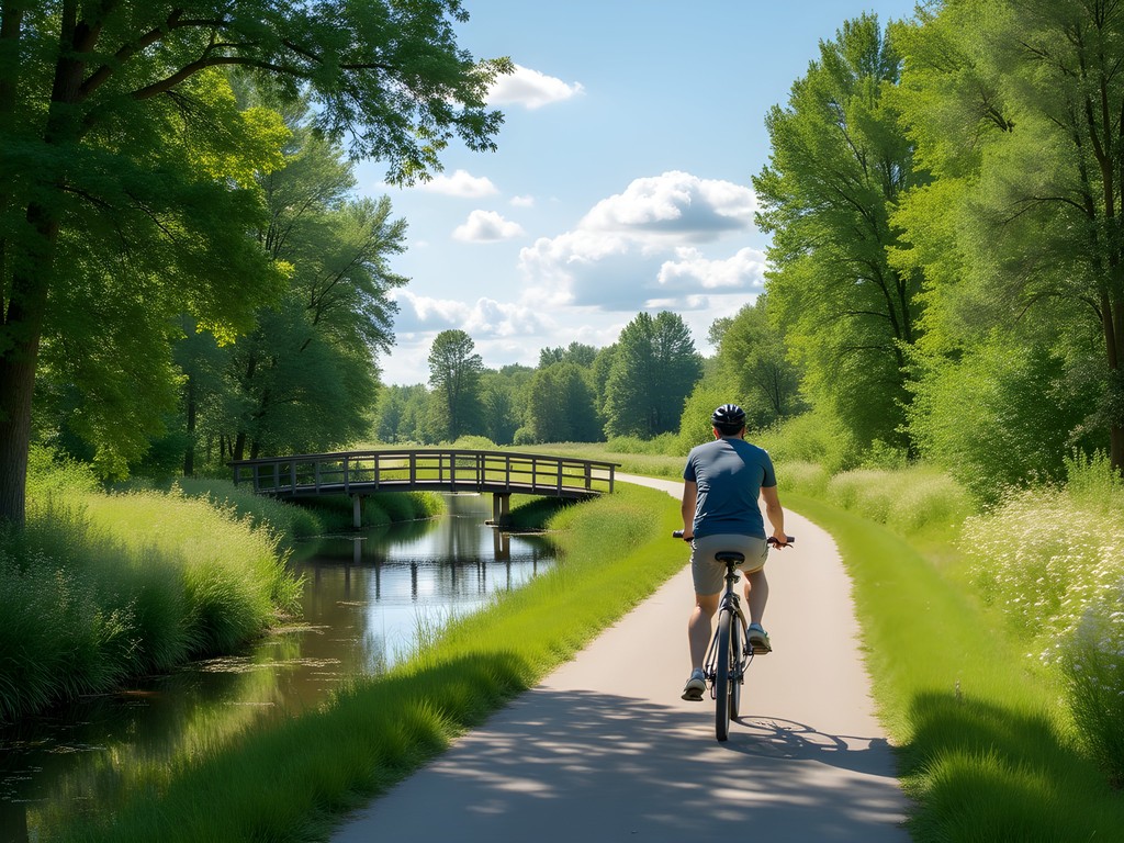 Woman cycling on the Clive Greenbelt Trail alongside Walnut Creek