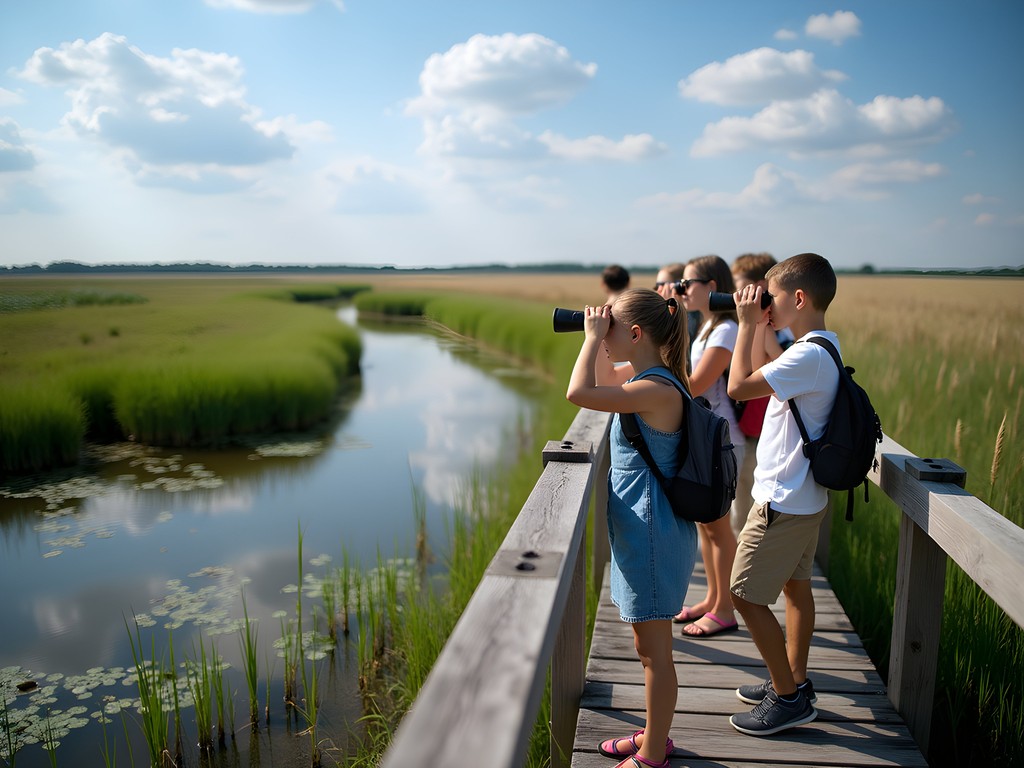 Family observing wildlife from wooden deck at Jordan Creek Park wetlands