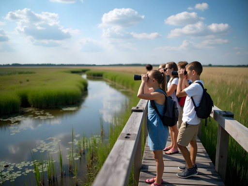 Family observing wildlife from wooden deck at Jordan Creek Park wetlands
