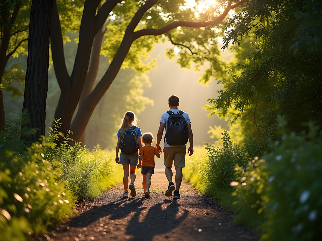 Family hiking through sunlit trail at Walnut Woods State Park