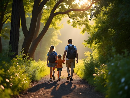 Family hiking through sunlit trail at Walnut Woods State Park