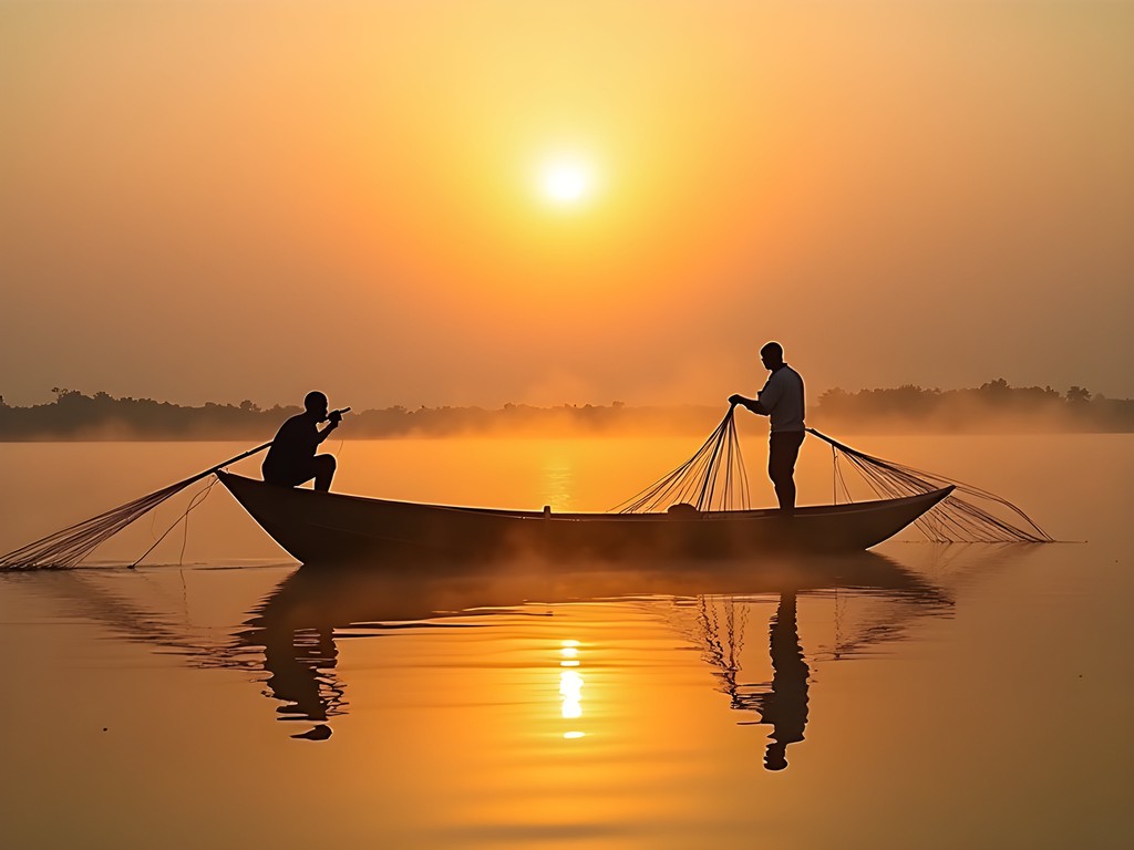 Wooden fishing pirogue on misty Lake Kossou at sunrise near Yamoussoukro