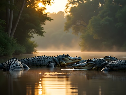 Sacred Nile crocodiles in lake near presidential palace in Yamoussoukro