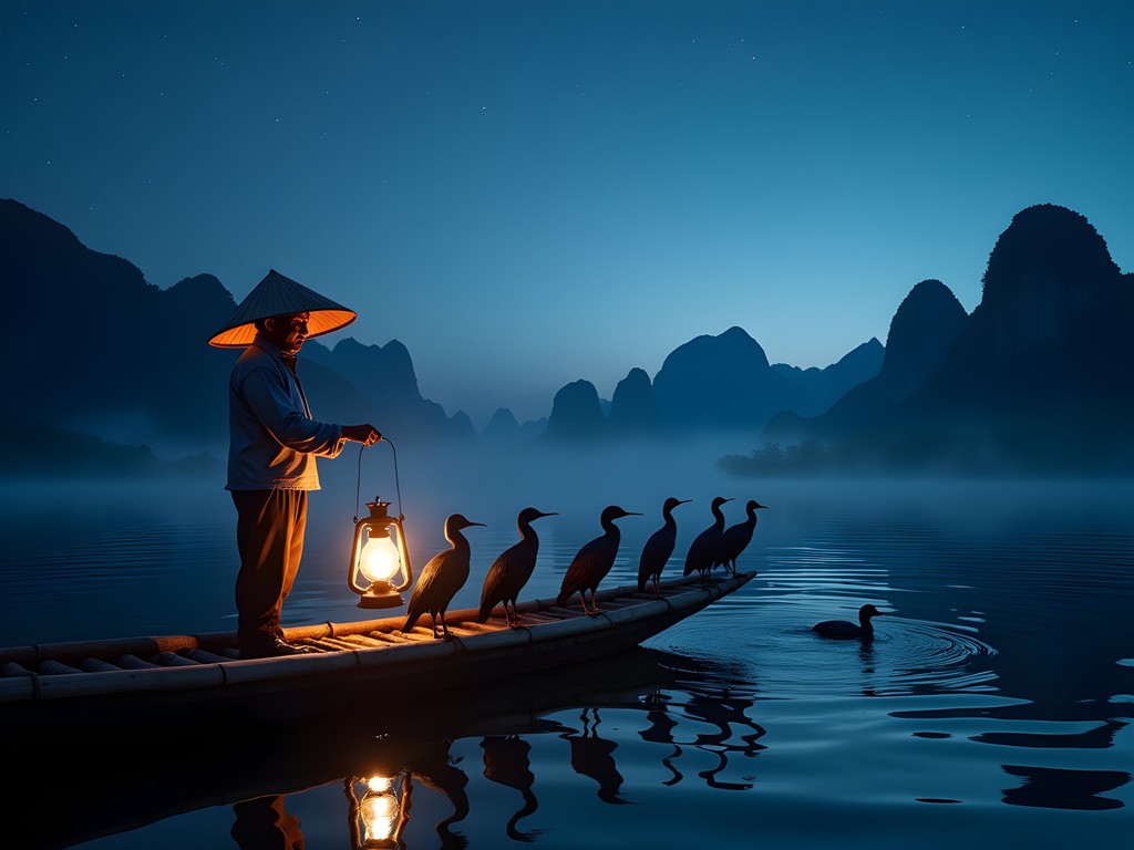 Traditional cormorant fisherman with lantern on bamboo raft at night on Li River with karst mountains silhouetted against night sky