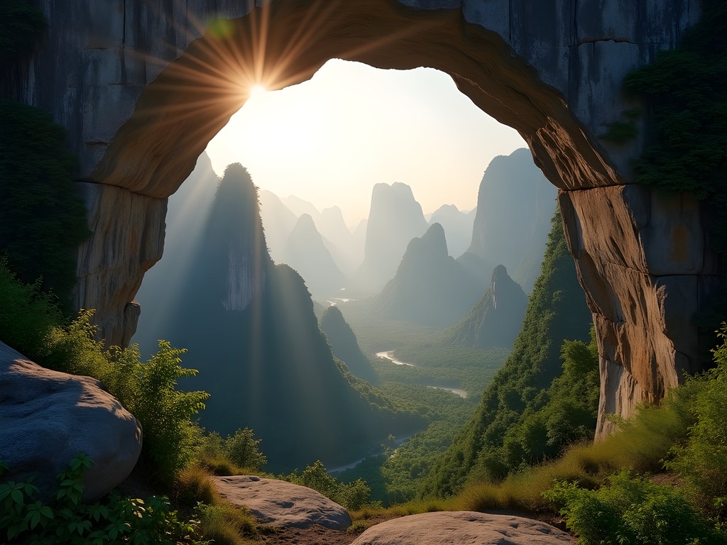 Dramatic natural stone arch of Moon Hill in Yangshuo at sunrise with misty valley below