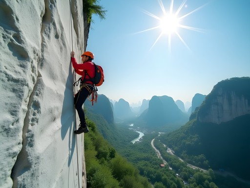 Rock climber scaling dramatic limestone karst formation in Yangshuo with valley view below