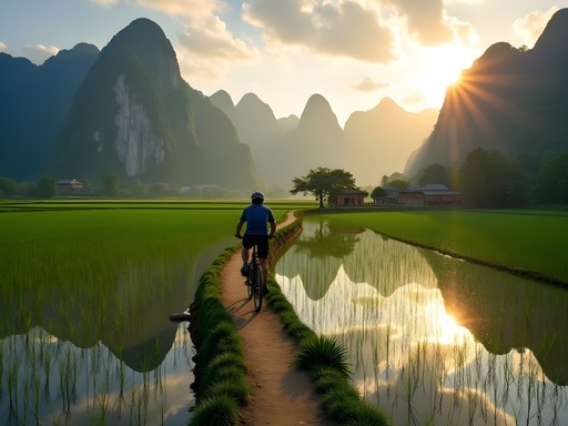 Cyclist on country road between flooded spring rice terraces reflecting karst mountains in Yangshuo