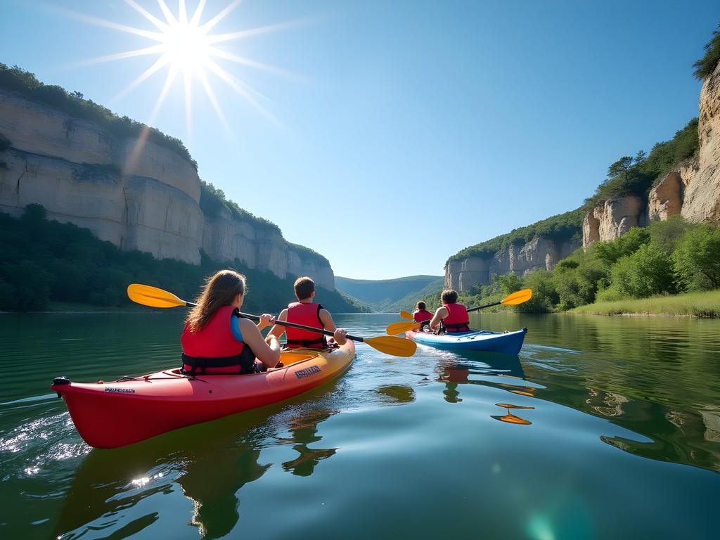 Family kayaking on Missouri River near Yankton with bluffs in background