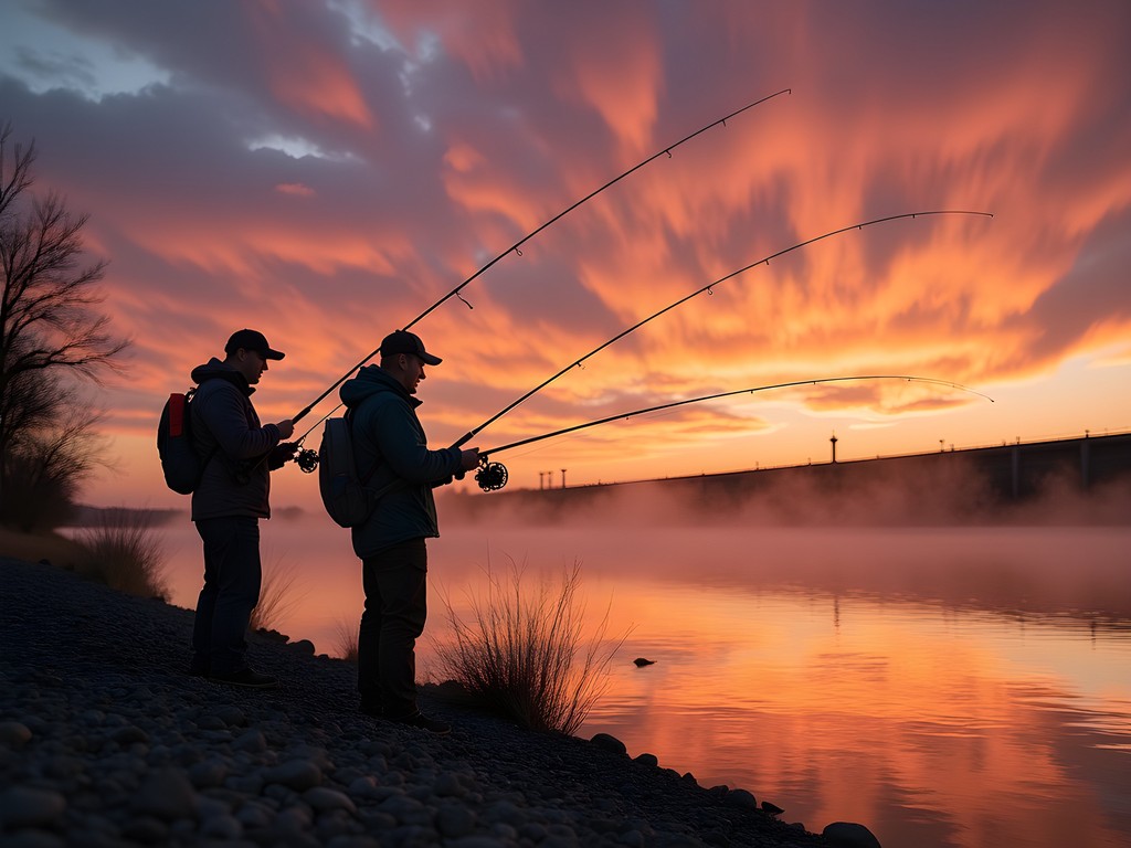 Silhouette of anglers fishing below Gavins Point Dam at sunrise on Missouri River