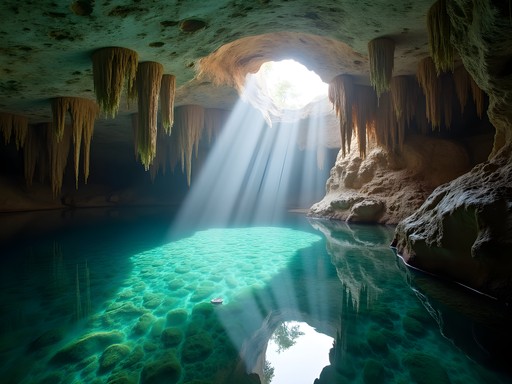 Natural freshwater pool inside Kuza Cave, Zanzibar