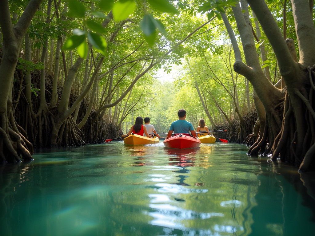 Family kayaking through mangrove channels in northern Zanzibar