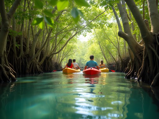 Family kayaking through mangrove channels in northern Zanzibar