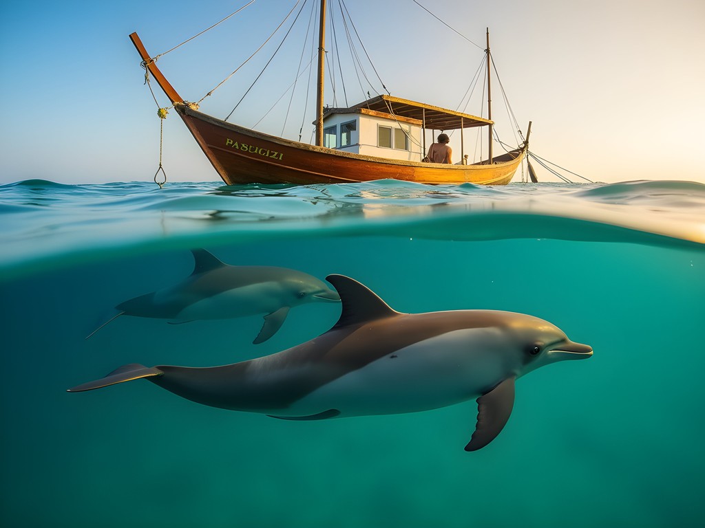 Wild dolphins swimming alongside boat in Kizimkazi, Zanzibar