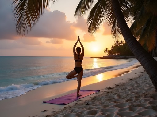 Woman practicing yoga on Kendwa Beach at sunset in Zanzibar