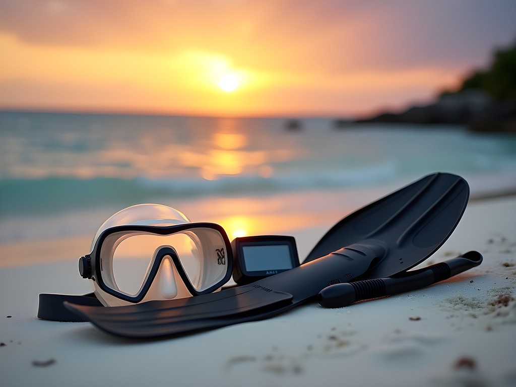 Dive equipment laid out on Zanzibar beach at sunset