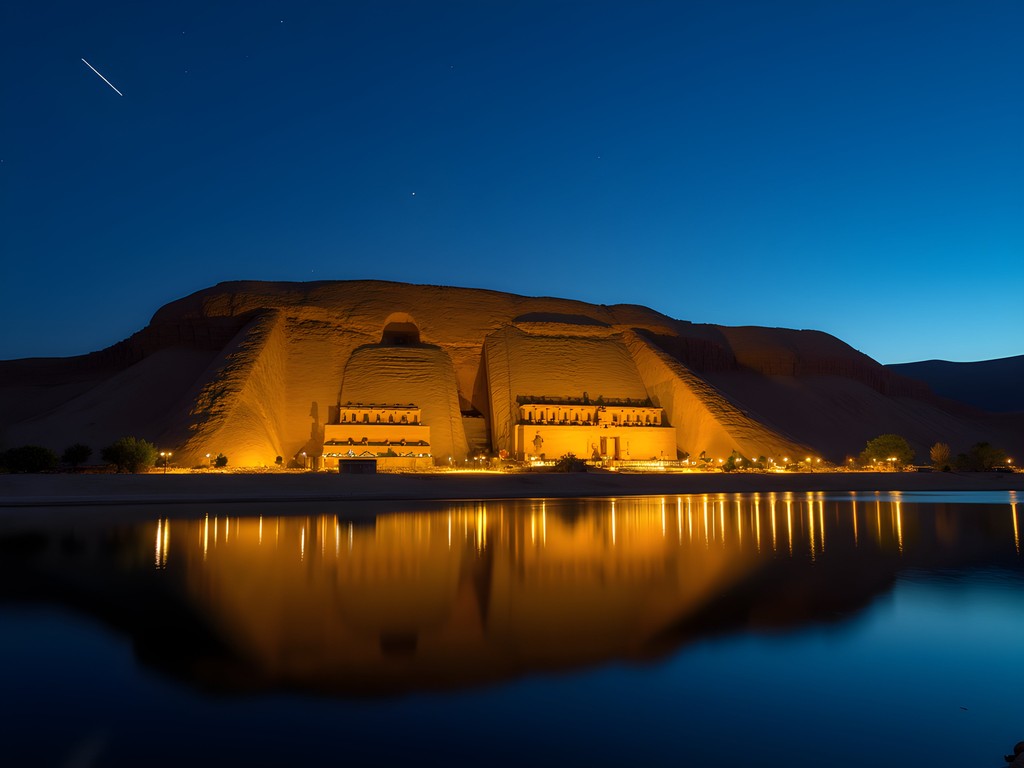 Abu Simbel temples illuminated against deep blue twilight sky
