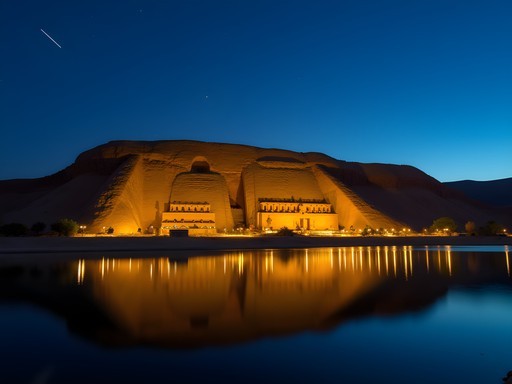 Abu Simbel temples illuminated against deep blue twilight sky