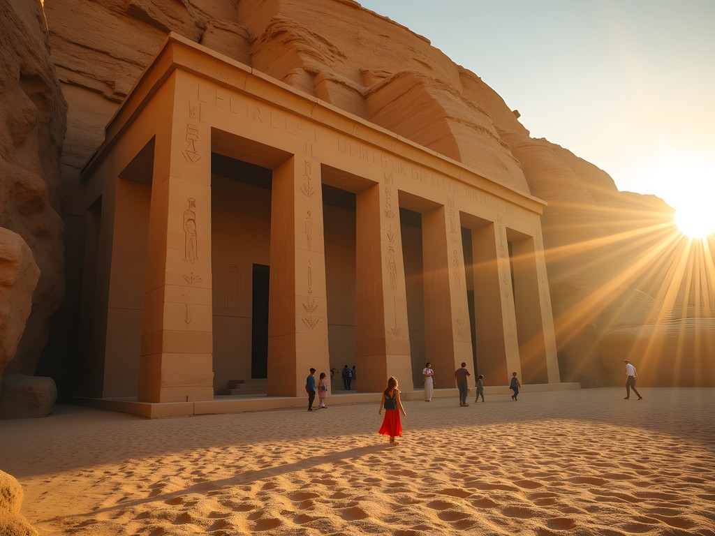 Silhouettes of visitors against the massive facade of Abu Simbel temple demonstrating scale