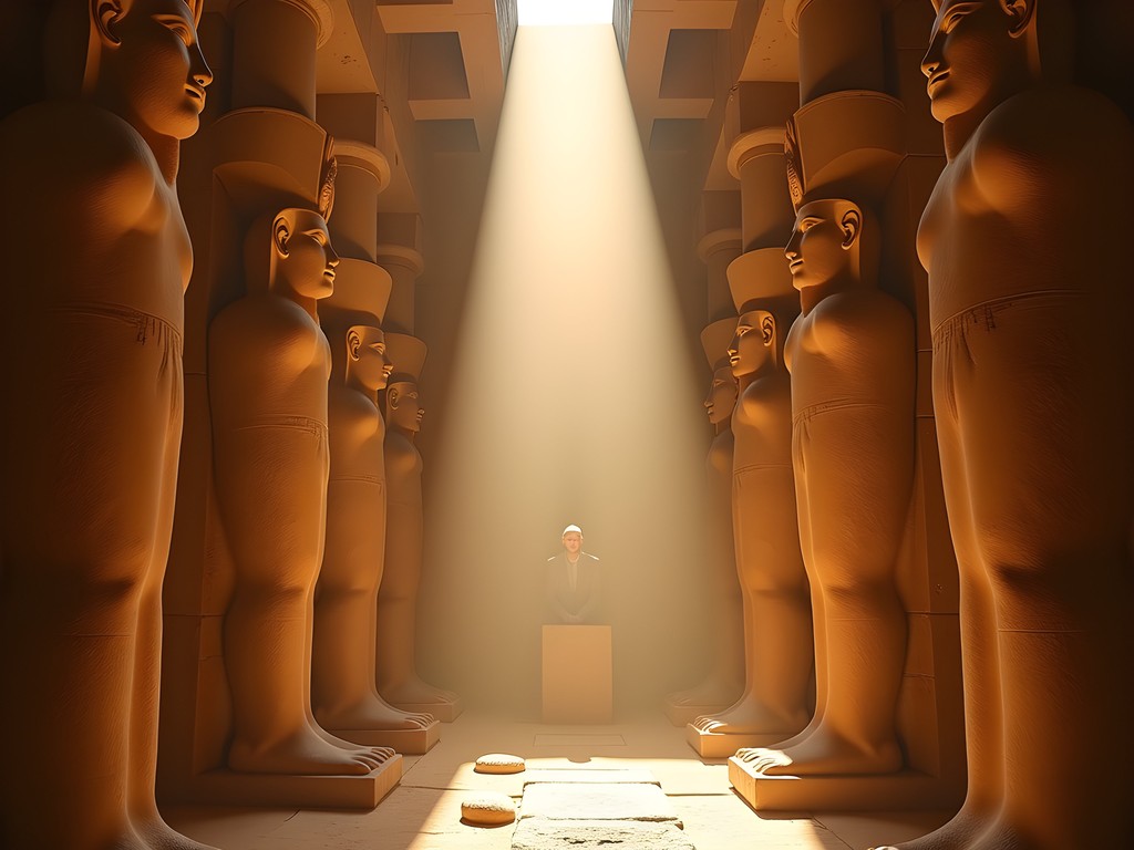 Sunlight beam illuminating statues in Abu Simbel's inner sanctuary during solar alignment phenomenon