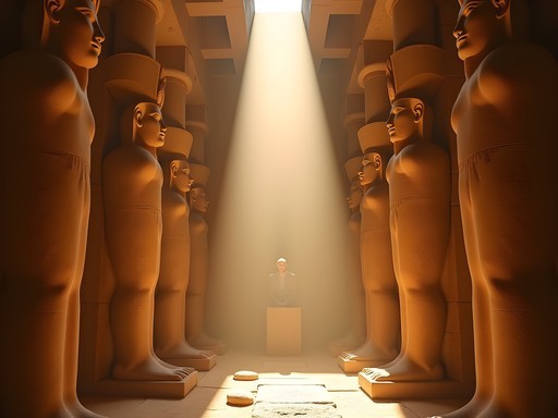 Sunlight beam illuminating statues in Abu Simbel's inner sanctuary during solar alignment phenomenon