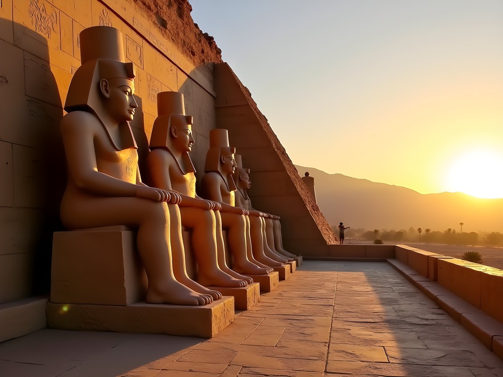 Golden sunrise light illuminating the facade of Abu Simbel temple with dramatic shadows