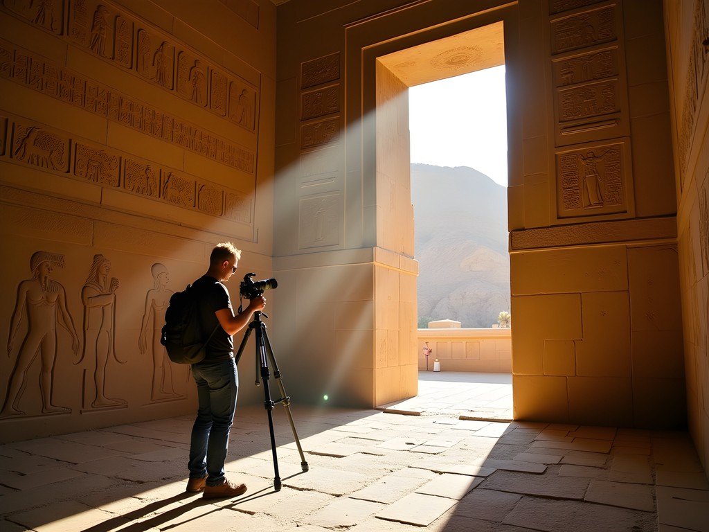 Professional photographer capturing the detailed hieroglyphics inside Abu Simbel temple