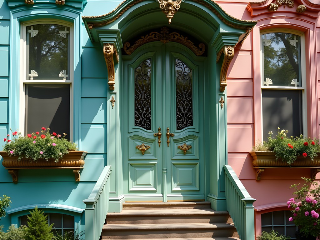 Victorian doorway with ornate details and spring flowers in Albany Pastures historic district