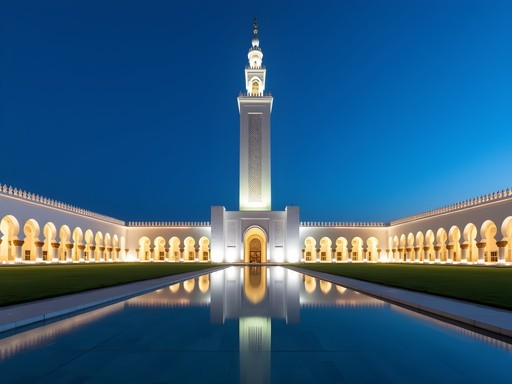 Great Mosque of Algiers illuminated at blue hour with reflection