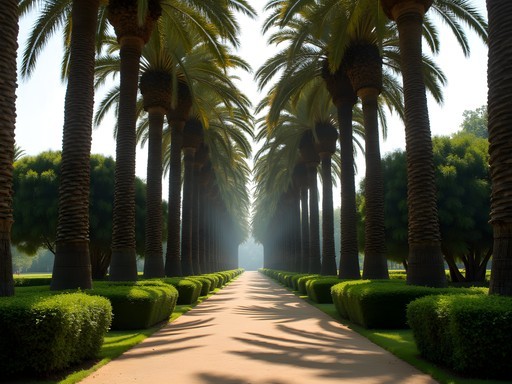 Dramatic palm tree alley in Jardin d'Essai botanical garden in Algiers