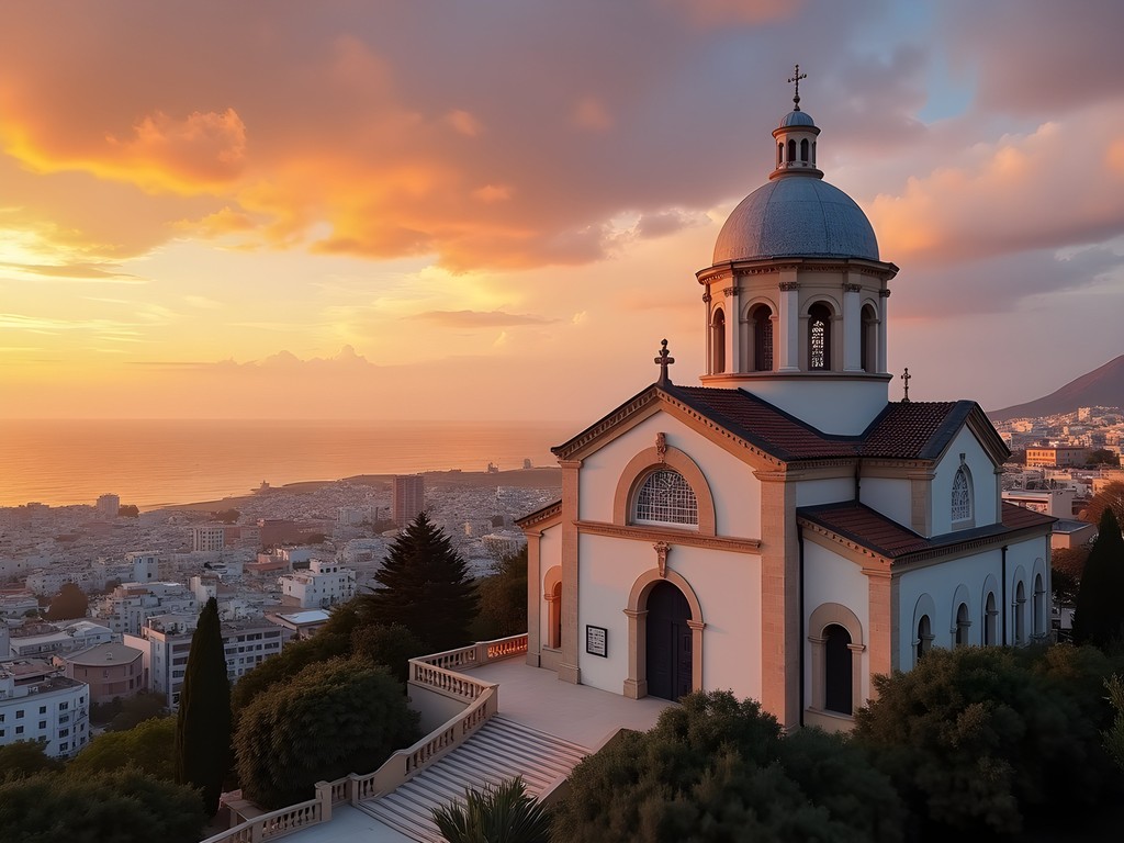Notre Dame d'Afrique basilica in Algiers at golden hour with Mediterranean view
