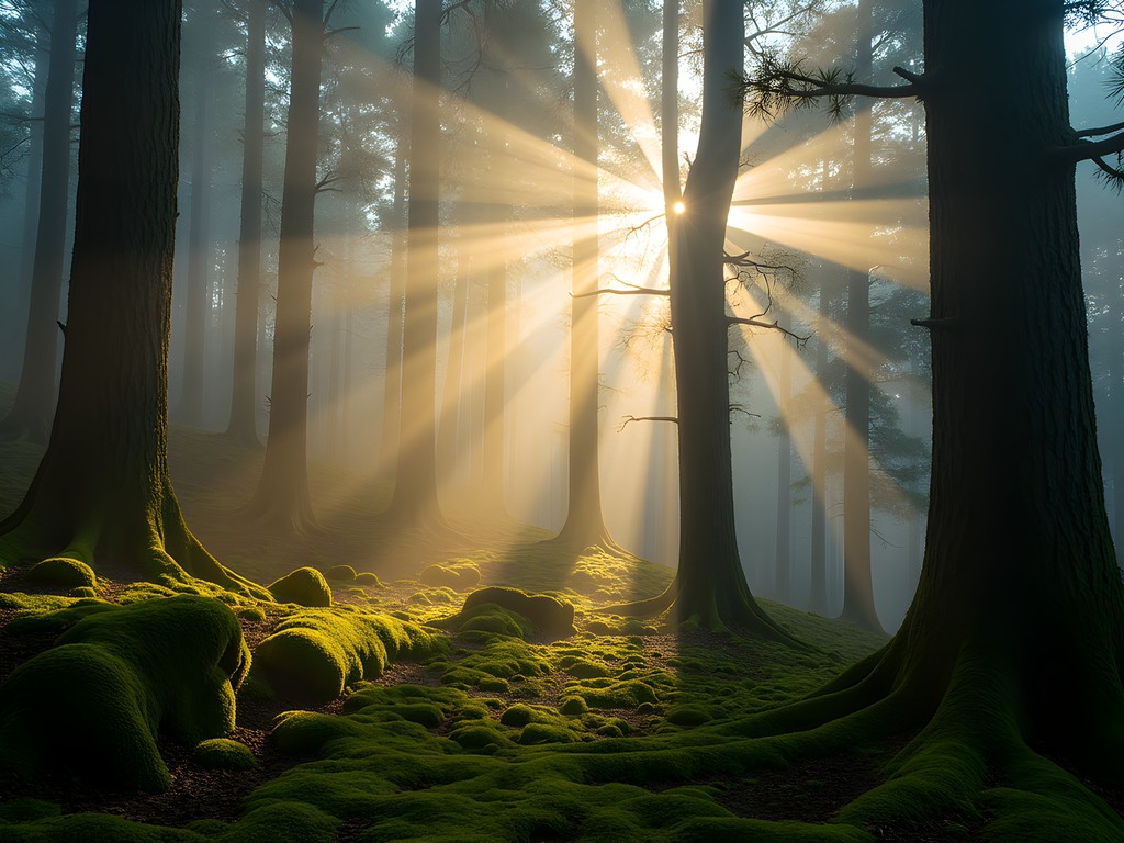 Sunbeams filtering through misty Alishan cypress forest with moss-covered ground