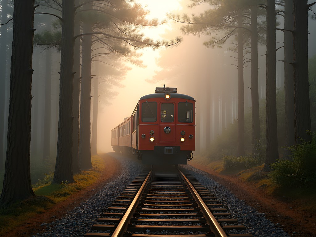 Vintage narrow-gauge train emerging from mist on Alishan Forest Railway surrounded by ancient cypress trees