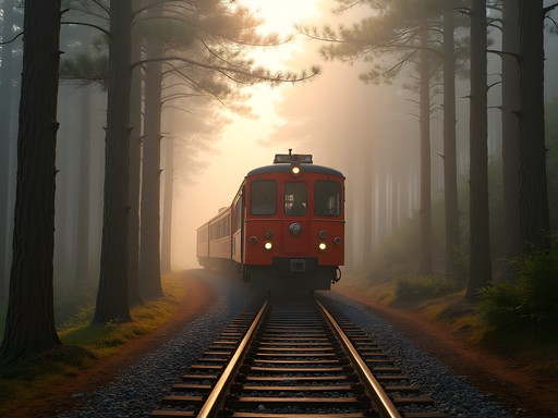 Vintage narrow-gauge train emerging from mist on Alishan Forest Railway surrounded by ancient cypress trees