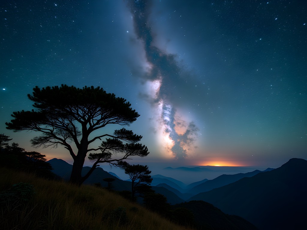 Milky Way galaxy rising over silhouetted ancient cypress trees in Alishan Forest at night