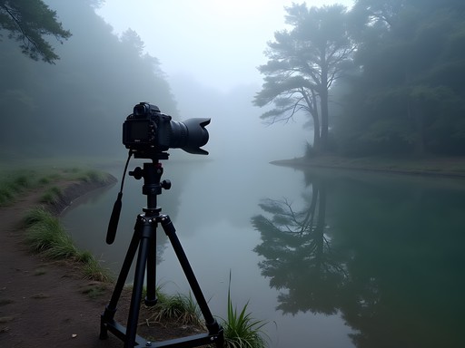 Photography gear setup with tripod and camera against misty Alishan Forest backdrop