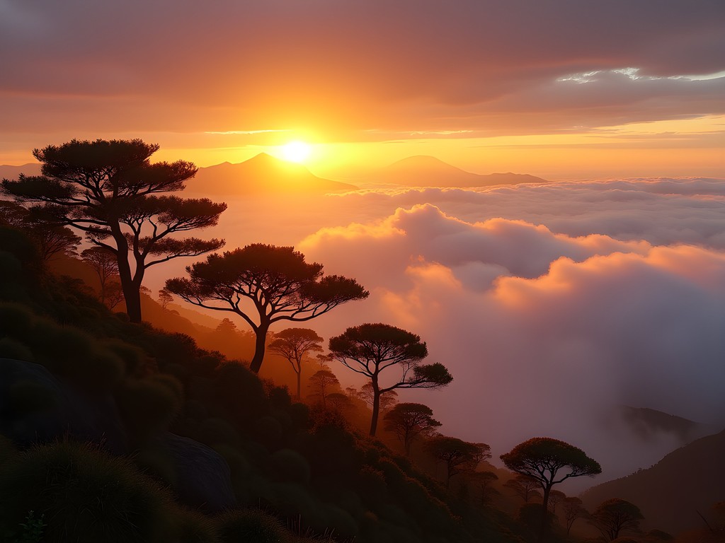 Golden sunrise over Alishan's sea of clouds with silhouetted cypress trees in foreground