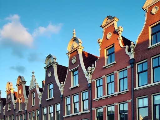 Close-up details of traditional Amsterdam canal house gables showing ornate stonework and decorative elements