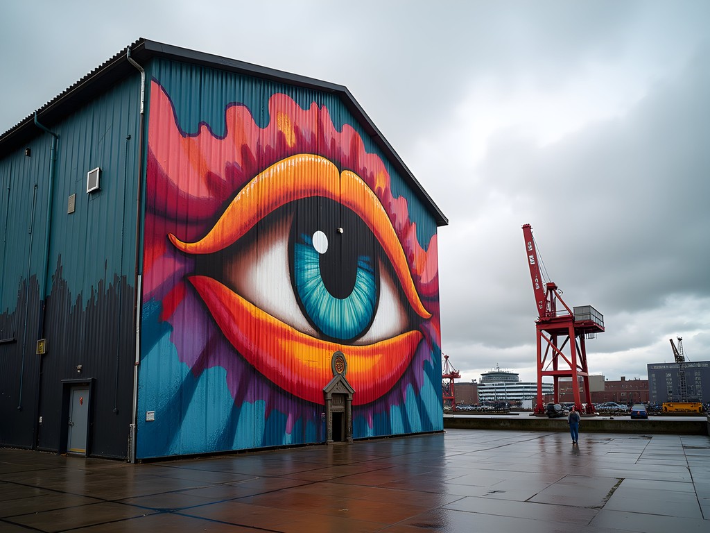 Massive colorful street art mural on industrial building at NDSM Wharf in Amsterdam Noord