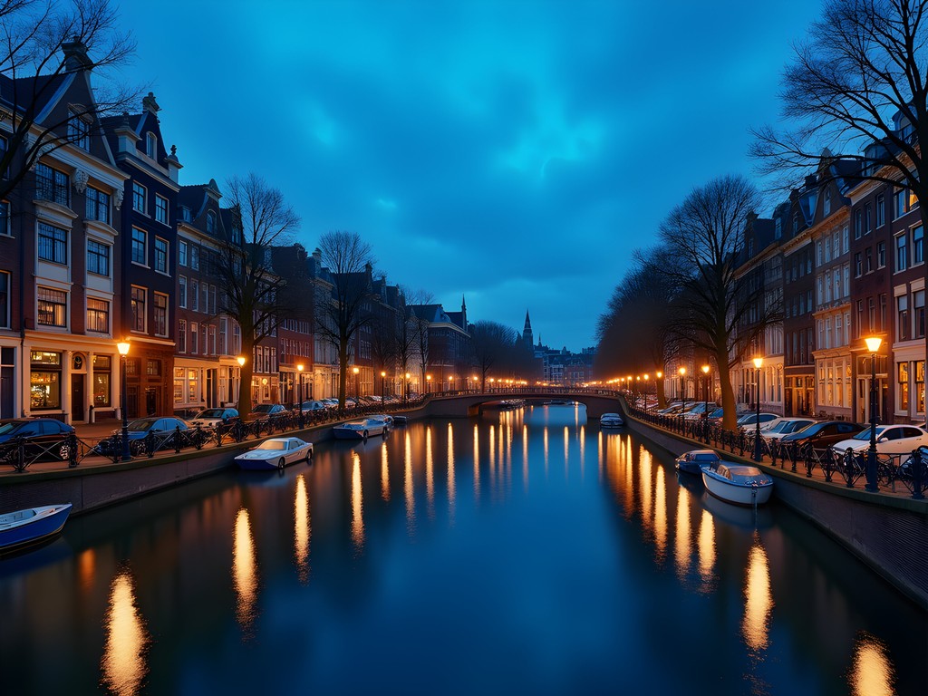 Photographer capturing Amsterdam canals during blue hour with tripod setup on bridge