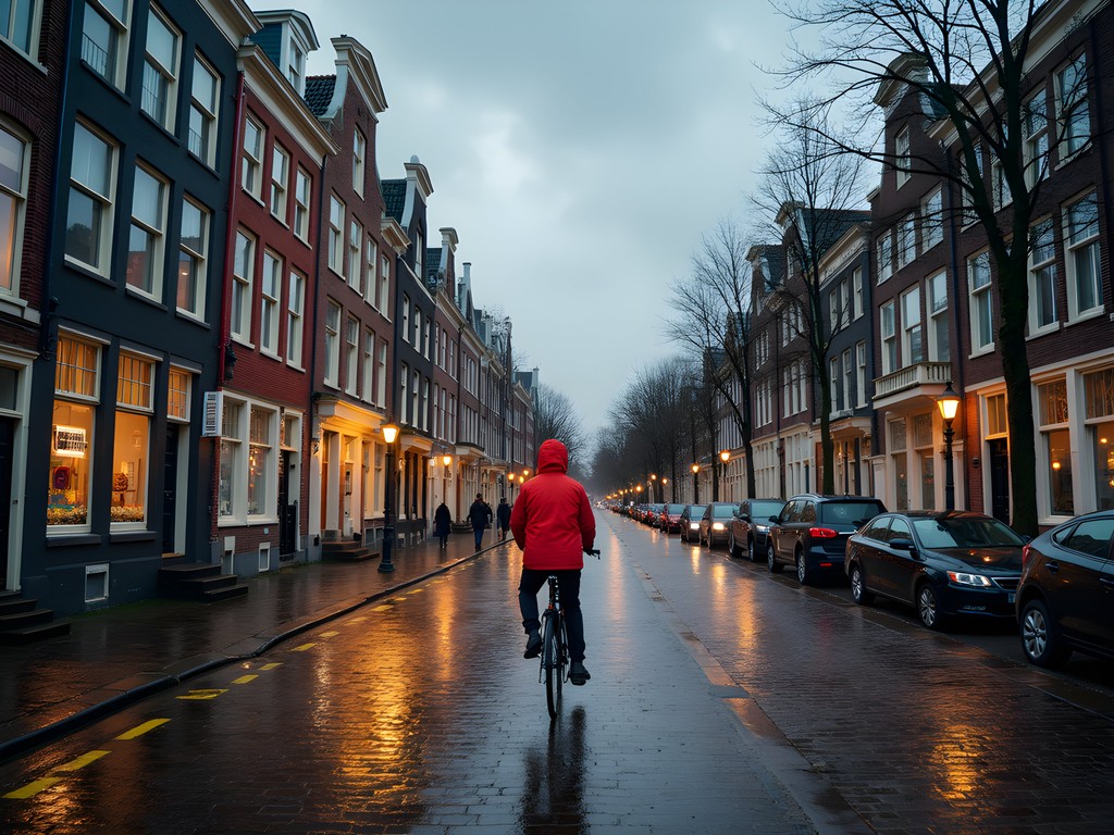 Rainy street in Amsterdam's Jordaan district with reflections of colorful houses on wet cobblestones