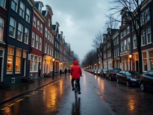 Rainy street in Amsterdam's Jordaan district with reflections of colorful houses on wet cobblestones
