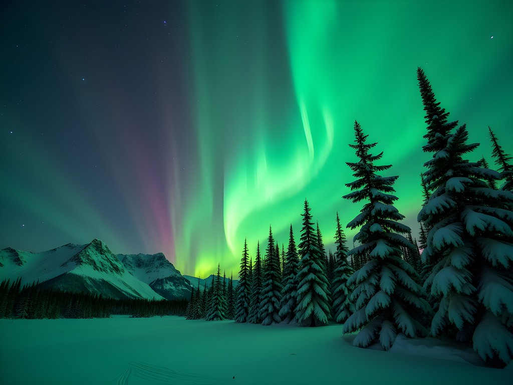 Emerald green northern lights aurora borealis dancing over snowy Alaskan wilderness near Anchorage