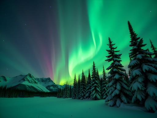 Emerald green northern lights aurora borealis dancing over snowy Alaskan wilderness near Anchorage
