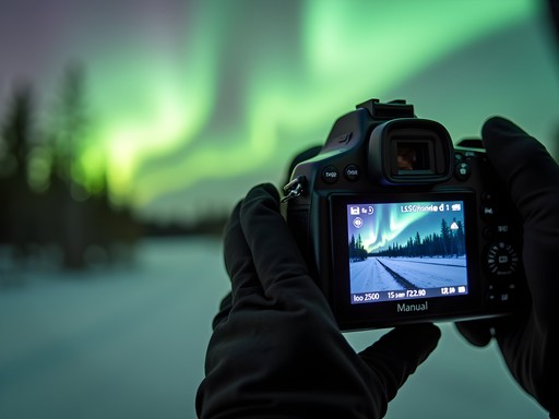 Camera LCD screen showing technical settings for northern lights photography in Alaska